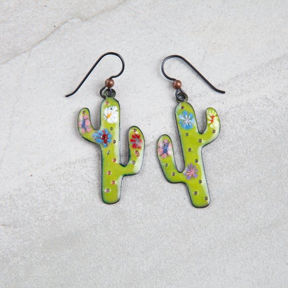 Handmade Copper Enamel Cactus Earrings Hand Crafted Artisan Vitreous Enamel - Picture 4 of 9
